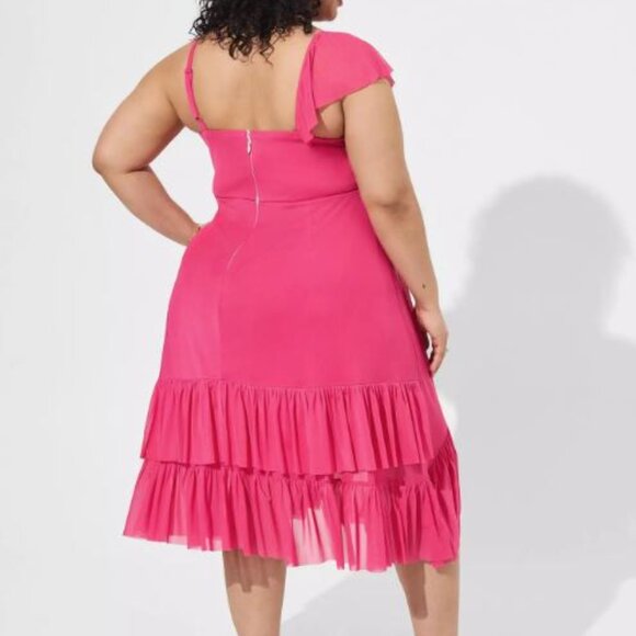 Hot Pink Fuschia Midi Mesh Ruffle Surplice Dress Torrid size 3x - Picture 4 of 5
